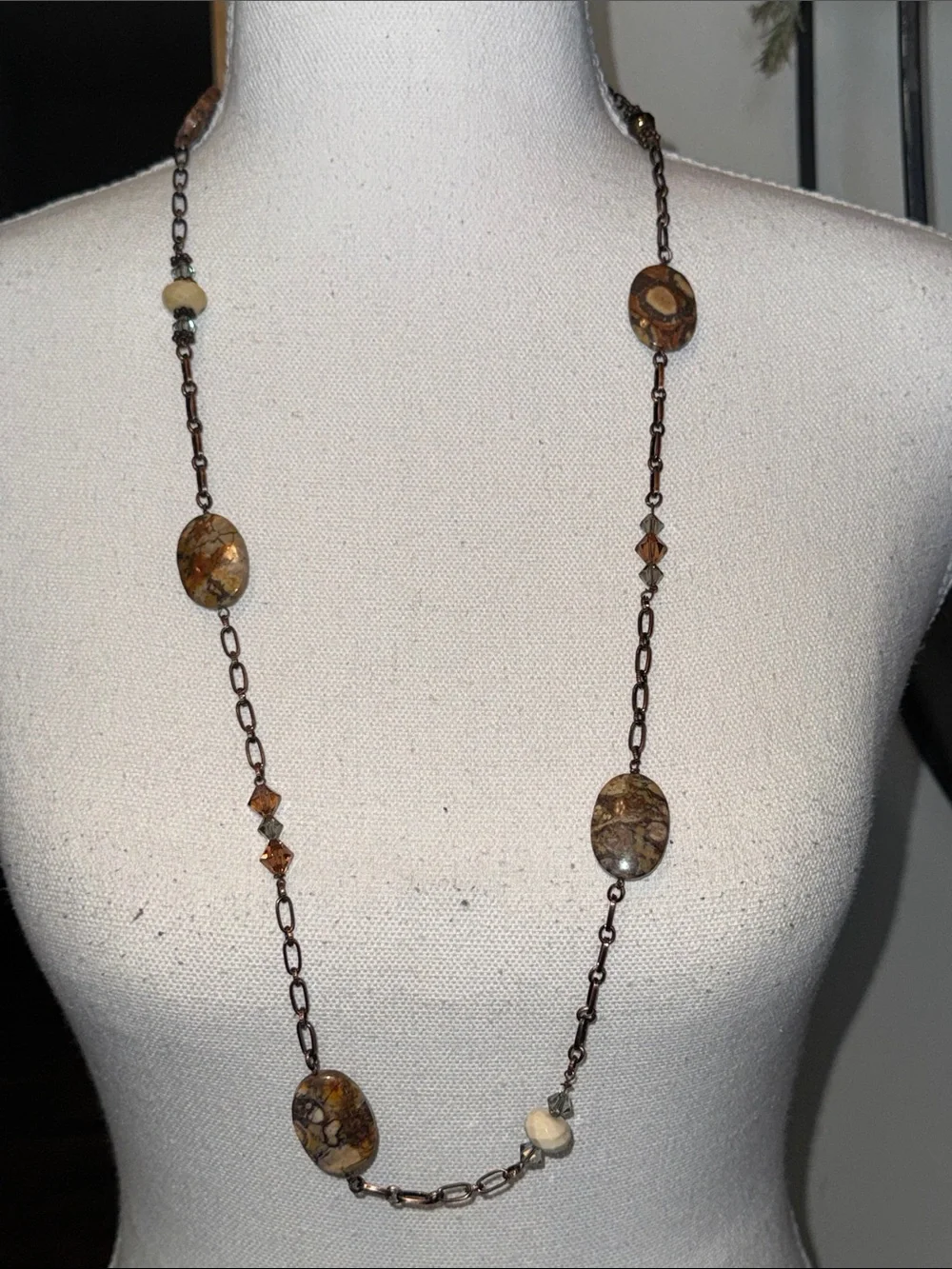 New Earth-Tone Beaded Necklace - Brown and Cream- 33” length